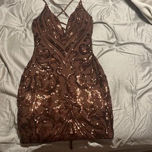Windsor V-Neck Brown Sequin Mini Dress, Open Back